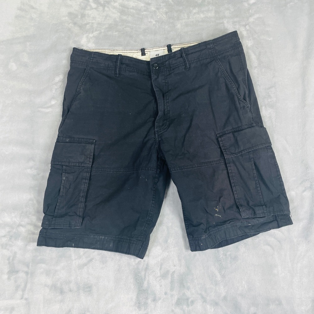 H&M Cargo Shorts Mens 34 Black Fair Paint Splatter Utility Multi-Pocket Ripstop